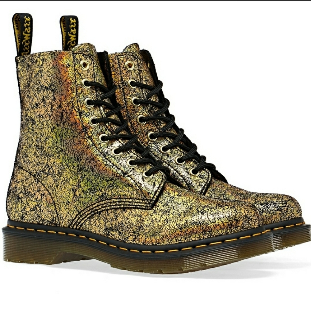 Dr. MARTENS 1460 PASCAL METALLIC LEATHER LACE UP BOOTS GOLD IRIDESCENT C…
